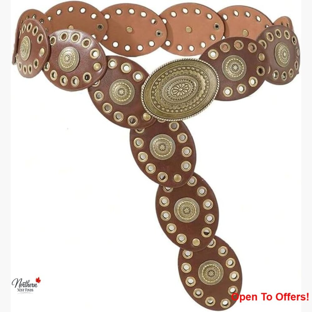 Wide Disc Belt with Vintage Concho Buckle in PU Leather - Picture 1 of 6